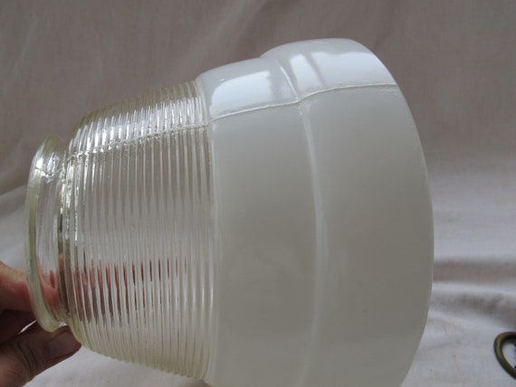 Vintage Mid Century Ceiling Light Cover 8 Inches Diameter Ribbed Pressed Glass Frosted And Clear Light Shade