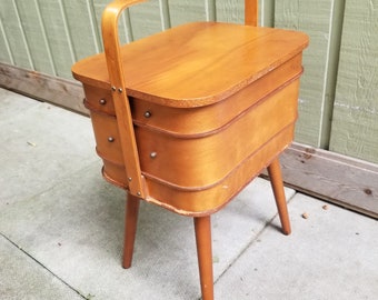 Mid century modern sewing box / Danish design swivel drawer sewing box