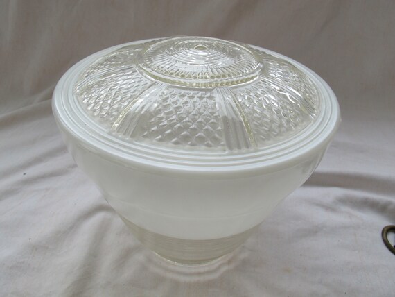 Vintage Mid Century Ceiling Light Cover 8 Inches Diameter Ribbed Pressed Glass Frosted And Clear Light Shade