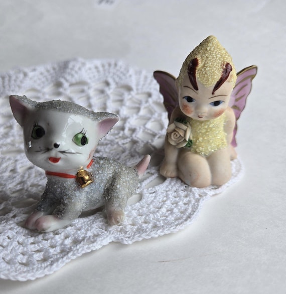 ヴィンテージの砂糖漬けの置物 / 砂糖漬けの蝶の妖精 / 砂糖漬けの子猫 