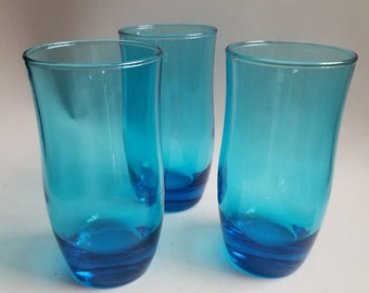 Set of Anchor Hocking laser blue glass tumblers / MCM flared blue glasses