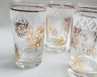 Set of 4 Gold pinwheel 8 oz glasses / 1970's Gold and white glasses / Mid century Dominion glass