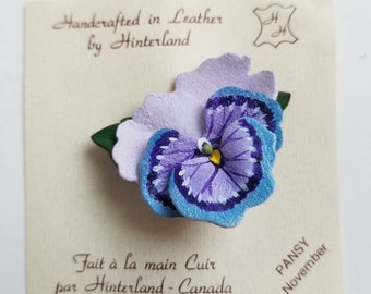 Hinterland Purple Leather Pansy Brooch / November Flower Brooch /