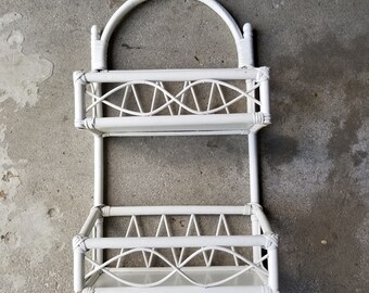 Vintage white wicker shelf (26 inches tall) / mid century bathroom shelf