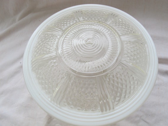 Vintage Mid Century Ceiling Light Cover 8 Inches Diameter Ribbed Pressed Glass Frosted And Clear Light Shade