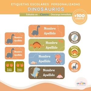 Op de afbeelding: Een verzameling gepersonaliseerde schoollabels met dinosaurus thema. De labels bevatten verschillende dinosaurus illustraties in oranje, groen, blauw en bruin, met ruimte voor een voor- en achternaam. De tekst "DINOSAURIOS" staat bovenaan.