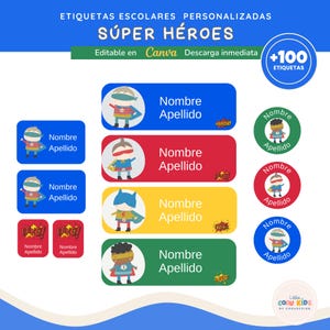 Puede incluir: Etiquetas escolares personalizadas con temática de superhéroes. Etiquetas rectangulares y circulares en azul, rojo, amarillo y verde con ilustraciones de superhéroes y espacio para nombre y apellido. El texto "SÚPER HÉROES" está en la parte superior.