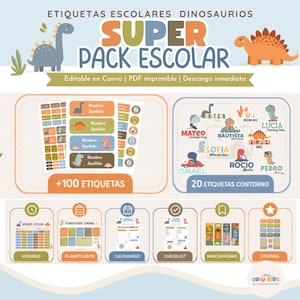 Etiquetas Escolares Dinosaurios | Super Pack Imprimible, Horario, Planificador, Marcapáginas, Stickers y Checklist de Mochila