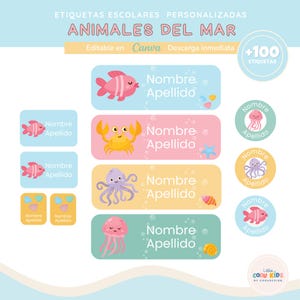 Puede incluir: Un conjunto de etiquetas escolares personalizadas con animales marinos. Las etiquetas presentan ilustraciones de un pez rosa, un cangrejo amarillo, un pulpo morado y una medusa rosa. Las etiquetas son de colores pastel con el texto "Nombre Apellido".