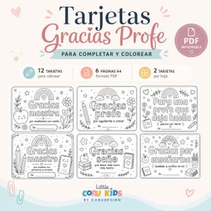 Tarjetas para Colorear Gracias Profe | Fin de Curso | Regalo Imprimible Maestra Seño PDF A4