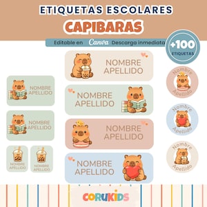 Etiquetas Escolares Editables en Canva | Capibaras con Nombre | Más de 100 Etiquetas para Imprimir | Vuelta al Cole 2026