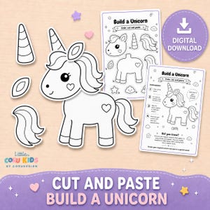 Puede incluir: Kit de manualidades de unicornio blanco para cortar y pegar con piezas de cuerno, melena y cola. Incluye instrucciones y el texto "Build a Unicorn" y "Digital Download".
