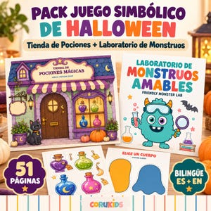 Könnte beinhalten: Ein Halloween-Aktivitätsset mit einem Zaubertrankladen und einem Monstertestlabor. Es umfasst 51 zweisprachige Seiten auf Englisch und Spanisch mit illustrierten Trankflaschen, einer schwarzen Katze und ausschneidbaren Monsterformen.