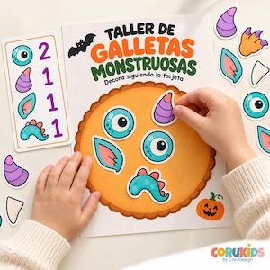 Op de afbeelding: Een Taller de Galletas Monstruosas activiteitenblad met een grote oranje koekjesillustratie, een zwart vleermuisicoon en tekst. Bevat diverse monster-stickers zoals ogen, hoorns en oren om het koekje mee te versieren.
