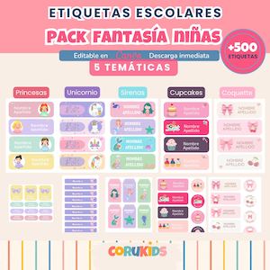 Etiquetas Escolares Personalizadas Pack Niñas | Princesas Sirenas Unicornios Coquette Cupcakes | Editables Canva Vuelta al Cole