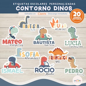 Può includere: Una collezione di etichette scolastiche personalizzate a tema dinosauri. Ogni etichetta presenta un dinosauro dei cartoni animati con il nome e il cognome di un bambino. Il testo "CONTORNO DINOS" è in alto.
