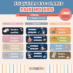 Etichette scolastiche personalizzabili e modificabili 2026 | Pacchetto misto per bambini +300 | Arcobaleno, Spazio e Dinosauri | Ritorno a scuola