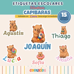 Etichette scolastiche modificabili in Canva | 15 design personalizzabili con silhouette di capibara | Ritorno a scuola 2026