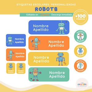 Pode incluir: Uma folha de etiquetas escolares personalizadas com ilustrações de robôs. As etiquetas vêm em várias formas e cores, incluindo azul, laranja, amarelo e verde. Cada etiqueta tem espaço para um nome e sobrenome. O texto "ROBOTS" está no topo.