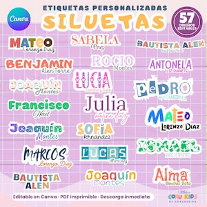 Puede incluir: Una colección de 57 etiquetas personalizables con diversos tipos de letra coloridos y estilos gráficos. El texto incluye nombres como Mateo, Sabela, Benjamin, Rocio, Antonela, Joaquin, Lucia, Pedro, Francisco, Julia, Sofia, Marcos, Lucas, Ismael y Alma.