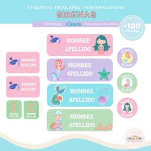 May include: A selection of mermaid-themed school labels in pastel shades. The labels, in various shapes, feature mermaid illustrations and spaces for a name and surname. The word "SIRENAS" is displayed at the top, with the text "Editable en Canva".