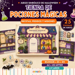 May include: A printable Halloween-themed magic potion shop game set featuring 25 pages of activities, recipes, and missions. The set includes a shop front illustration, a magic laboratory, a cash register, and various potion and ingredient tokens.