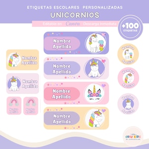 Puede incluir: Un conjunto de etiquetas escolares personalizadas con diseños de unicornios. Las etiquetas tienen varias formas y tamaños, con fondos de colores pastel y las palabras "Nombre" y "Apellido" para personalización. La imagen también incluye el texto "Unicornios" y "+100 Etiquetas".