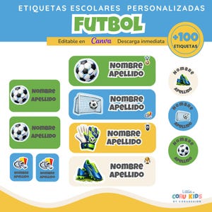 May include: A set of personalised school labels featuring football-themed graphics including footballs, goals, goalkeeper gloves, boots, whistles, and referee cards. The labels include text placeholders for names and surnames, with the title ETIQUETAS ESCOLARES PERSONALIZADAS FUTBOL.