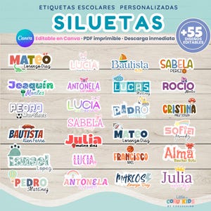 Etiquetas Escolares Personalizadas Silueta Contorno | + 55 Diseños Editables Canva | Pegatinas con Nombre Decorado Vuelta al Cole