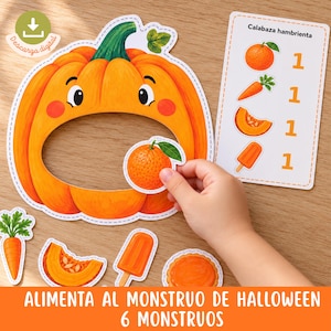 Halloween Feed the Monster Printable, Color Sorting Game for Preschool, Food Cutouts and Menu Cards, Spanish Activity
