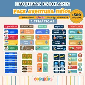 Étiquettes scolaires modifiables sur Canva | Enfants | Super-héros, dinosaures, robots, engins de chantier et espace | Rentrée scolaire 2026