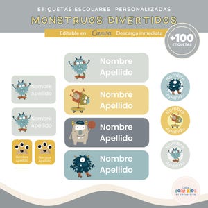 May include: A sheet of personalized school labels with a fun monster theme. The labels are in various shapes and colors, with illustrations of monsters on skateboards and holding basketballs. The text "Nombre Apellido" is displayed on the labels. The text "MONSTRUOS DIVERTIDOS" is at the top.