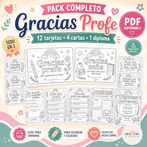 Puede incluir: Un conjunto de tarjetas imprimibles de agradecimiento para profesores y un diploma, con las palabras "Gracias Profe". El conjunto incluye 12 tarjetas, 4 cartas y 1 diploma, diseñados para colorear y escribir. El diseño incluye arcoíris, estrellas y corazones.