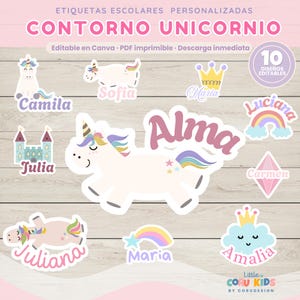 Puede incluir: Un conjunto de diez etiquetas escolares imprimibles con diseños de unicornio, castillo, corona, arcoíris y nube con varios nombres como Alma, Camila y Sofia. Los gráficos incluyen colores pastel, estrellas y texto en tonos rosa, morado y azul.
