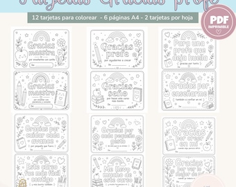 Tarjetas para Colorear Gracias Profe | Fin de Curso | Regalo Imprimible Maestra Seño PDF A4