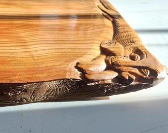 Hand Carved Wooden Cutting Board, Cat Dog Animal Relief, Rustic Kitchen Decor