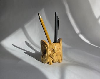 Hand Carved Wooden Forest Spirit Pencil Holder, unique wooden gift for boss