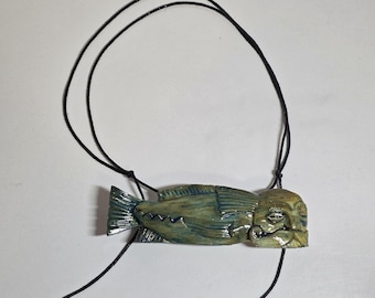 Hand Carved Wood Fish Pendant, Moody Expression, Adjustable Cord, Unisex Organic Jewelry