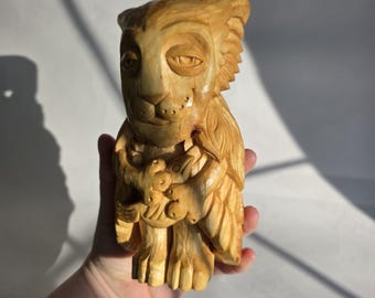 Handmade Wooden Cat Statue, Animal Totem, Shelf Decor