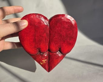 Funny Heart-Shaped Butt Sculpture, 18 +, Red Tushie Wood Art.