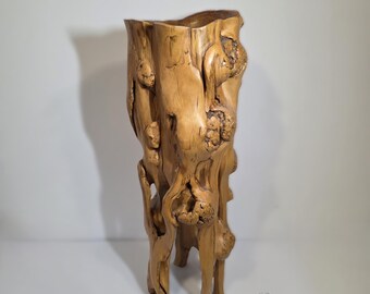 Hand Carved Acacia Wood Floor Sculpture, 33" Rustic Vase