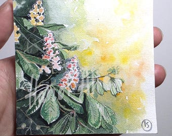 Original Chestnut Branch Watercolor, Mini Botanical Painting 85mm, Small Tree Blossom Wall Art