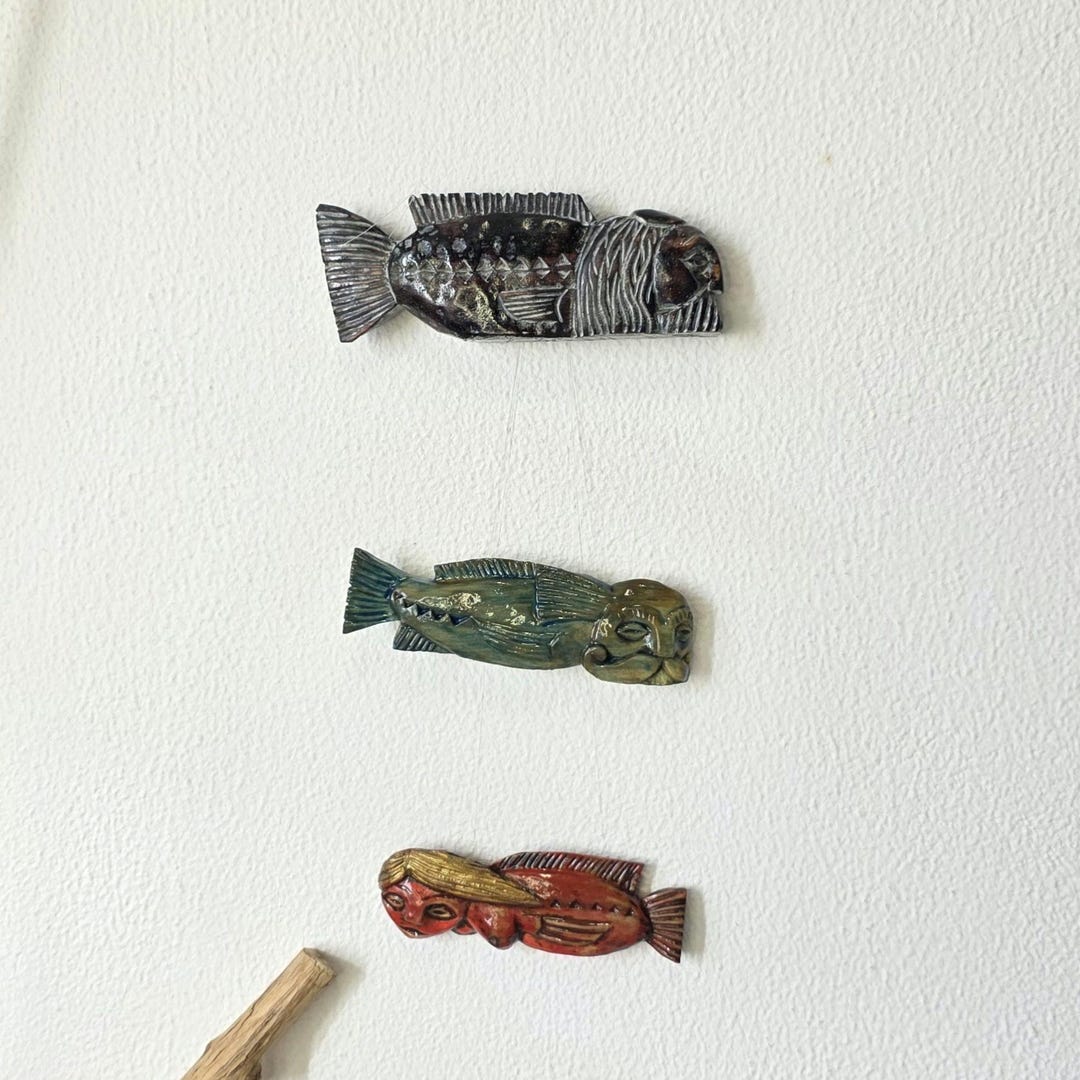 Hand Carved Wood Fish Wall Art, Folk Art Sculpture, Nautical Decor Set ...