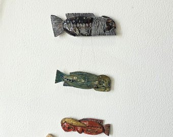 Hand Carved Wood Fish Wall Art, Folk Art Sculpture, Nautical Decor Set