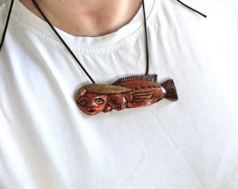 Handcrafted Fish-Woman necklace, Hand-carved wood, Hand-painted in red and gold, Expressive gift