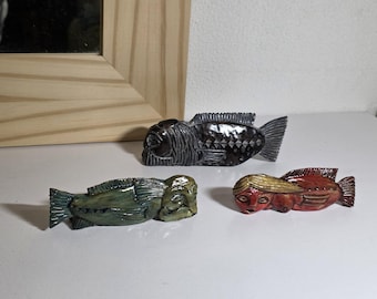 Handmade Wooden Human Face Fish Sculpture, Unique Anthropomorphic Fish Art