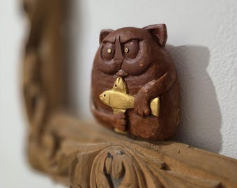 Hand-Carved Wooden Angry Cat Sculpture, Unusual Modern Art