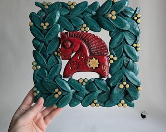 Handmade Red Horse Wood Carving, Mistletoe Talisman, Prosperity Decor