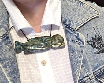 Hand Carved Wood Fish Pendant, Moody Expression, Adjustable Cord, Unisex Organic Jewelry