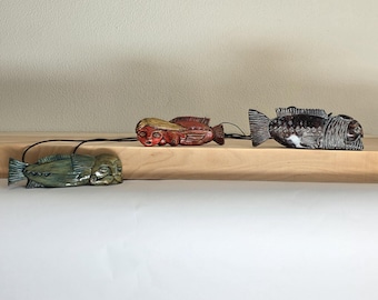 Handmade Wooden Human Face Fish Sculpture, Unique Anthropomorphic Fish Art